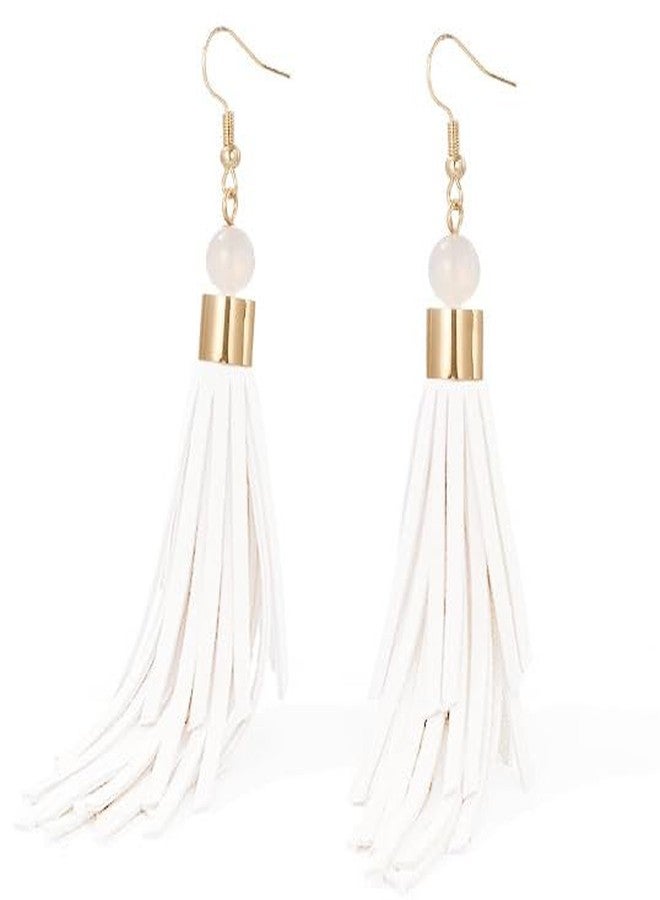 كويريز أقراط كويريس بوهيمية جلدية متعددة الطبقات بشرابات للنساء، أقراط متدلية خفيفة الوزن بشرابات جلدية، أقراط بوهيمية صيفية شاطئية غربية مصنوعة يدويًا للنساء (ER1306-أبيض) - Image 1